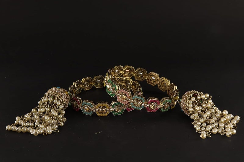 NMII Antique Metal Latkan Bangles Set For Women & Girls Adorned with Beautiful Zircon Stones & White Moti Pearls | Traditional Jhumka Kalira Bangles with Hangings | Wedding, Party, Festive- Set of 2 - Image 2