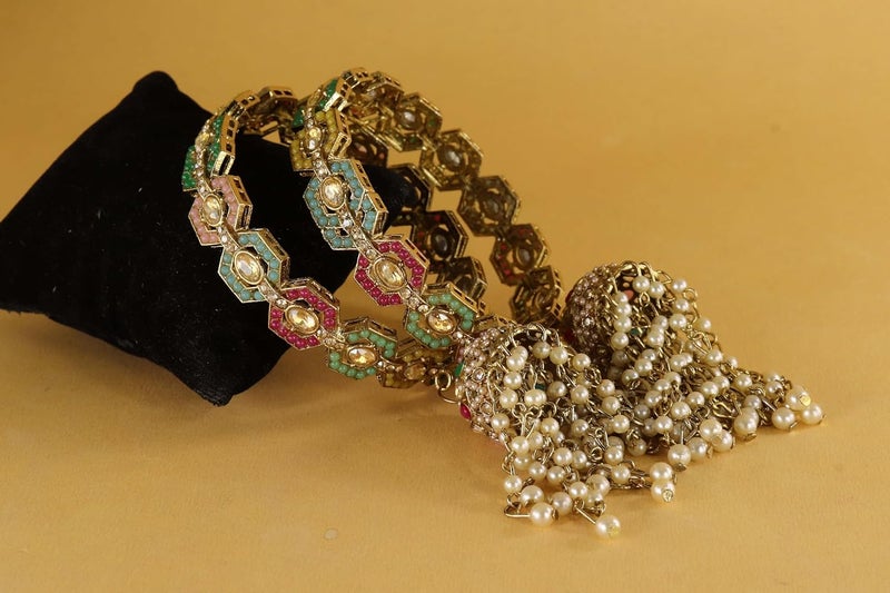 NMII Antique Metal Latkan Bangles Set For Women & Girls Adorned with Beautiful Zircon Stones & White Moti Pearls | Traditional Jhumka Kalira Bangles with Hangings | Wedding, Party, Festive- Set of 2 - Image 4