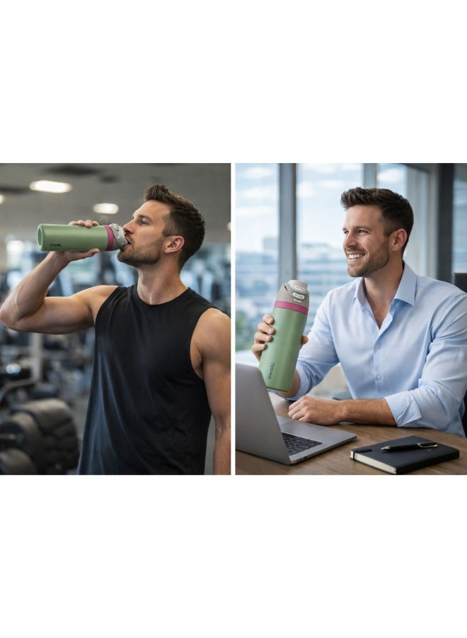 زجاجة مياه أوالا من الفولاذ المقاوم للصدأ، مزودة بماصة بلاستيكية وفولاذية مقاومة للصدأ، وغطاء مانع للتسرب بفتحة واسعة، تصميم سهل الفتح بضغطة واحدة، زجاجة رياضية وسفر قابلة لإعادة الاستخدام، سعة 800 مل، لون أخضر - Image 2