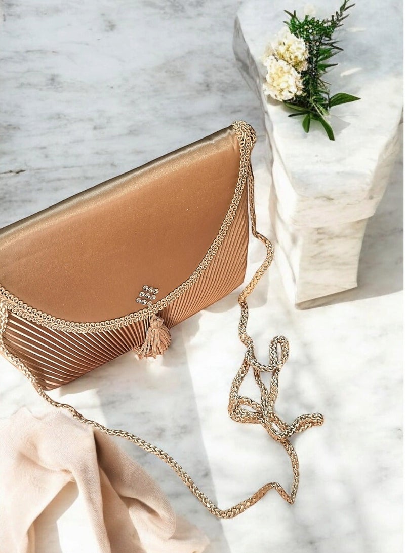 Satin Golden Clutch Bag Magnetic Button Closure & Fabric Strap Handle 22*16 cm - Image 2