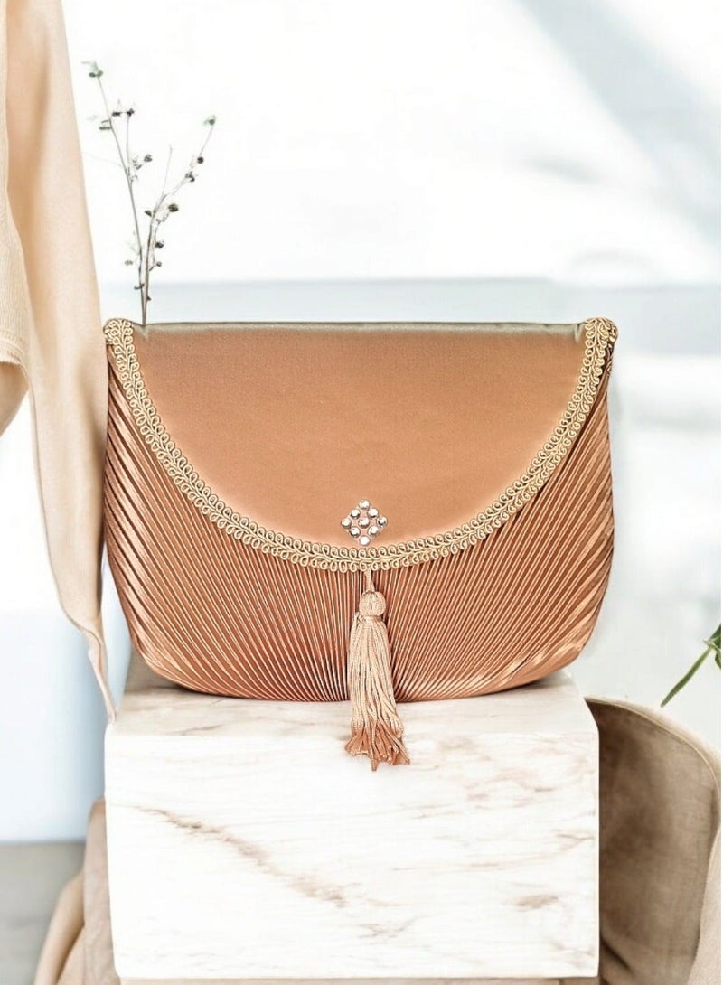 Satin Golden Clutch Bag Magnetic Button Closure & Fabric Strap Handle 22*16 cm - Image 1