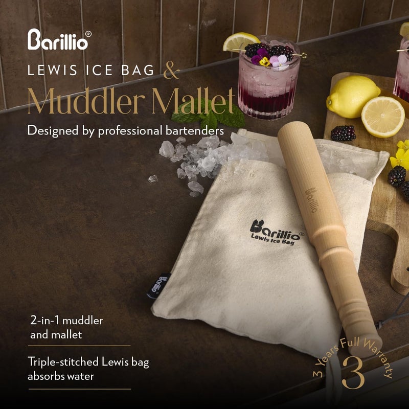 barillio Drink Muddler Mallet and Lewis Bag Set - Big-Shot 13.75 Inch Wooden Muddler and Ice Hammer for Cocktails w/Canvas Ice Crushing Bag - Bar Tool Set - Image 2