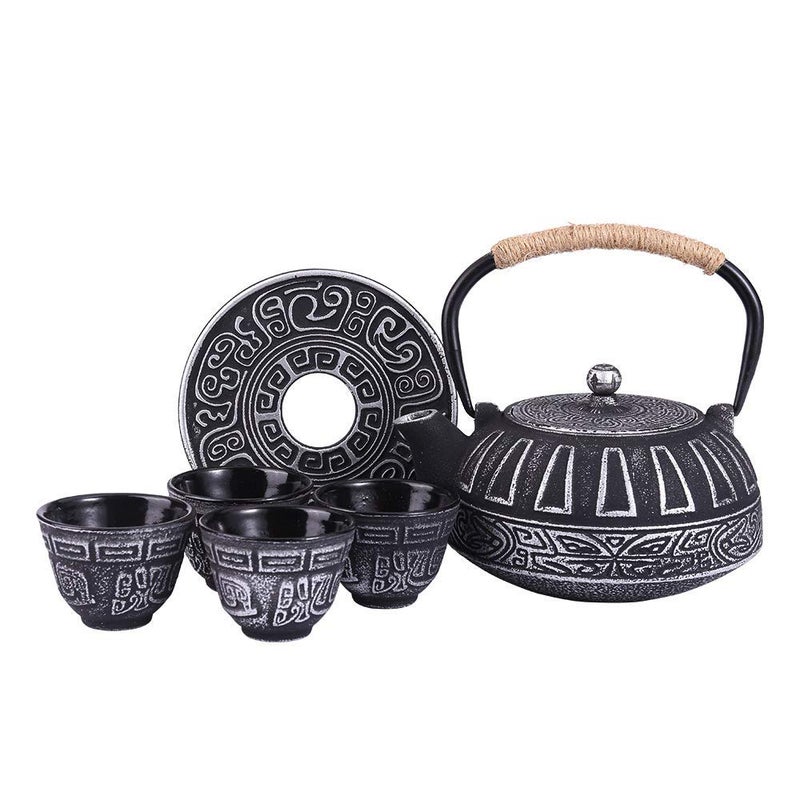 COOGOU Cast Iron Teapot Set Japanese Style Tea Kettle with Infuser Enameled Interior Cast Iron Tea Pot with 4 Teacup for Stove Top Handmade Gift for Friend 28 Ounce Black