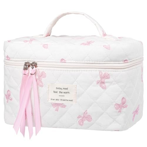 senbowe Large Quilted Makeup Bag Cotton Floral Cosmetic Bag for Women Cute Coquette Aesthetic Makeup Bag Toiletry Bag Travel Make Up Organizer Bag with Zipper and Ribbon Light Pink Bow Flower - Image 1