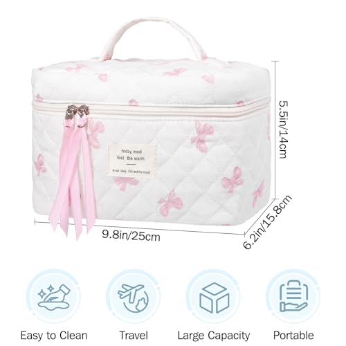 senbowe Large Quilted Makeup Bag Cotton Floral Cosmetic Bag for Women Cute Coquette Aesthetic Makeup Bag Toiletry Bag Travel Make Up Organizer Bag with Zipper and Ribbon Light Pink Bow Flower - Image 3
