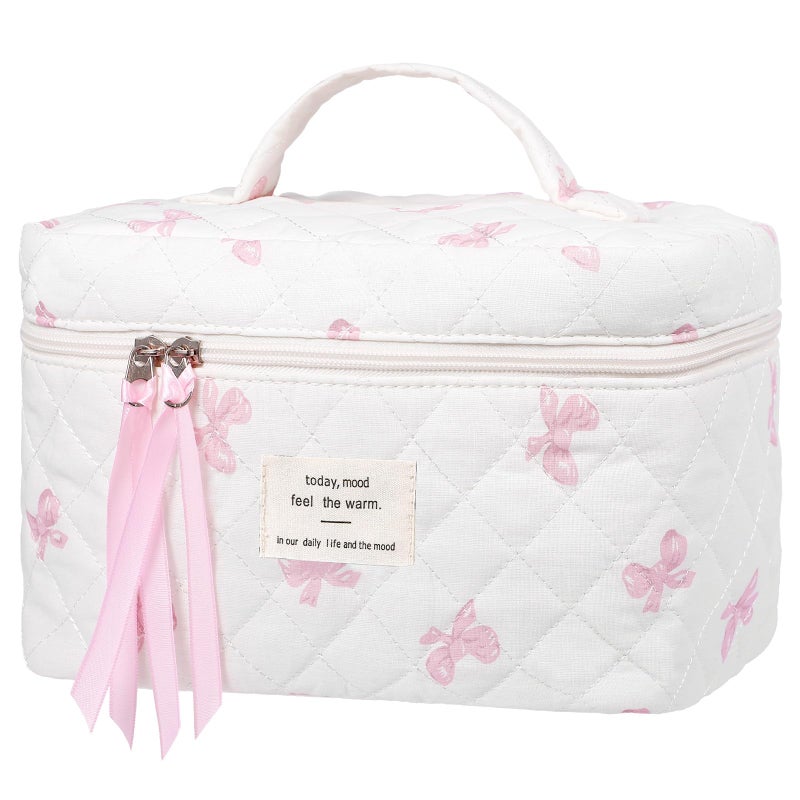 senbowe Large Quilted Makeup Bag Cotton Floral Cosmetic Bag for Women Cute Coquette Aesthetic Makeup Bag Toiletry Bag Travel Make Up Organizer Bag with Zipper and Ribbon Light Pink Bow Flower - Image 2