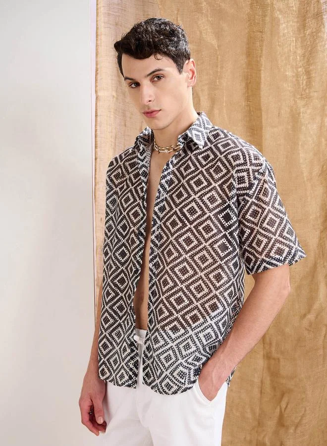 SASSAFRAS Men Geometric Print Crochet Relaxed Fit Shirt