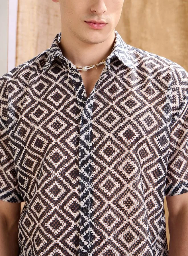 SASSAFRAS Men Geometric Print Crochet Relaxed Fit Shirt