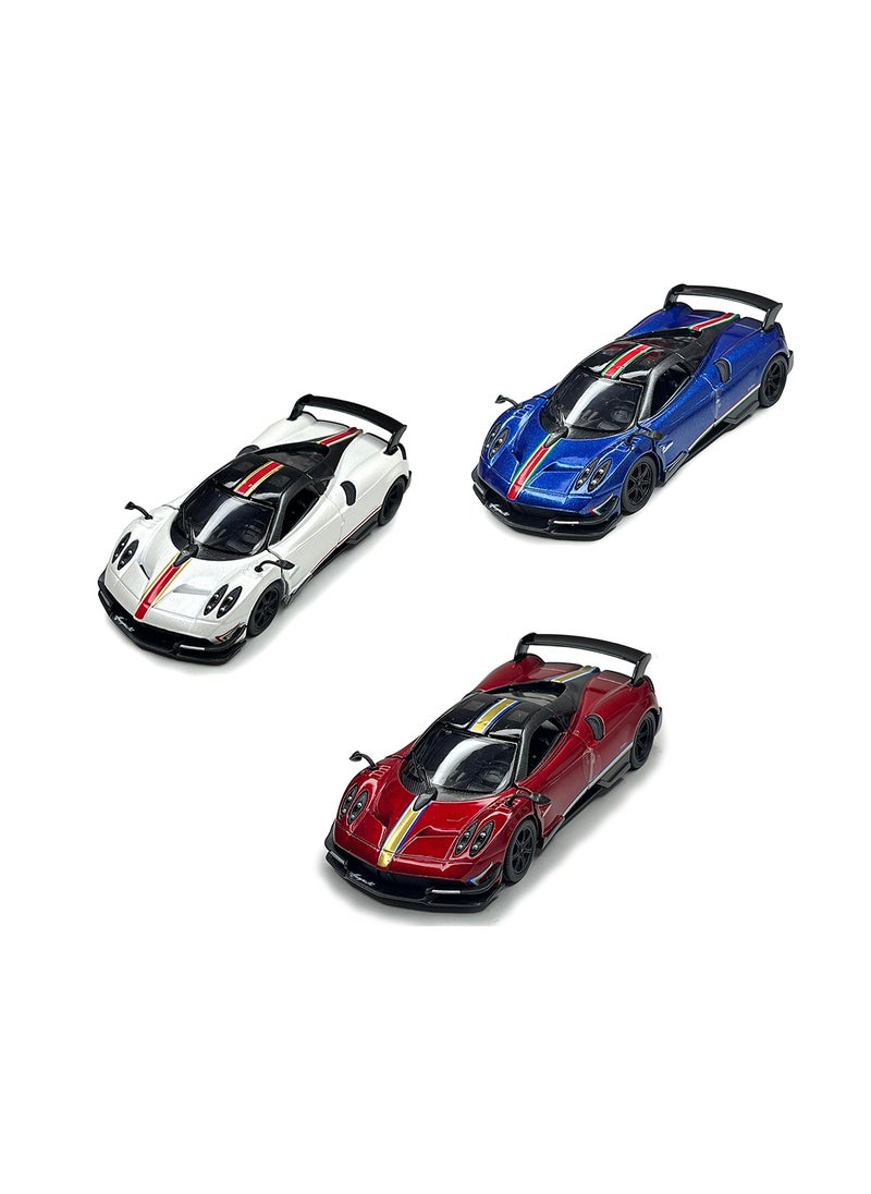 Kinsmart Pack of 3 Pcs 1:38 Scale Door Openable Pull Back Action 2016 Pagani Huayra BC with Printing Diecast Alloy Metal Car-Assorted Colour  - Image 1
