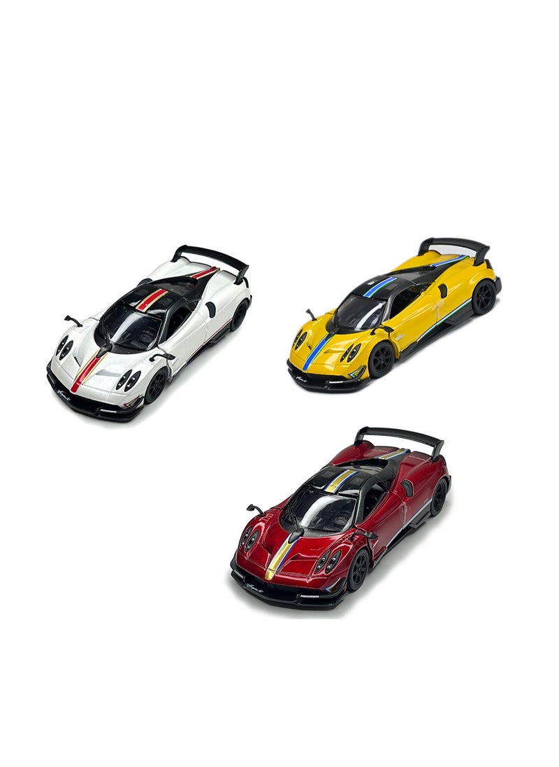 Kinsmart Pack of 3 Pcs 1:38 Scale Door Openable Pull Back Action 2016 Pagani Huayra BC with Printing Diecast Alloy Metal Car-Assorted Colour  - Image 2