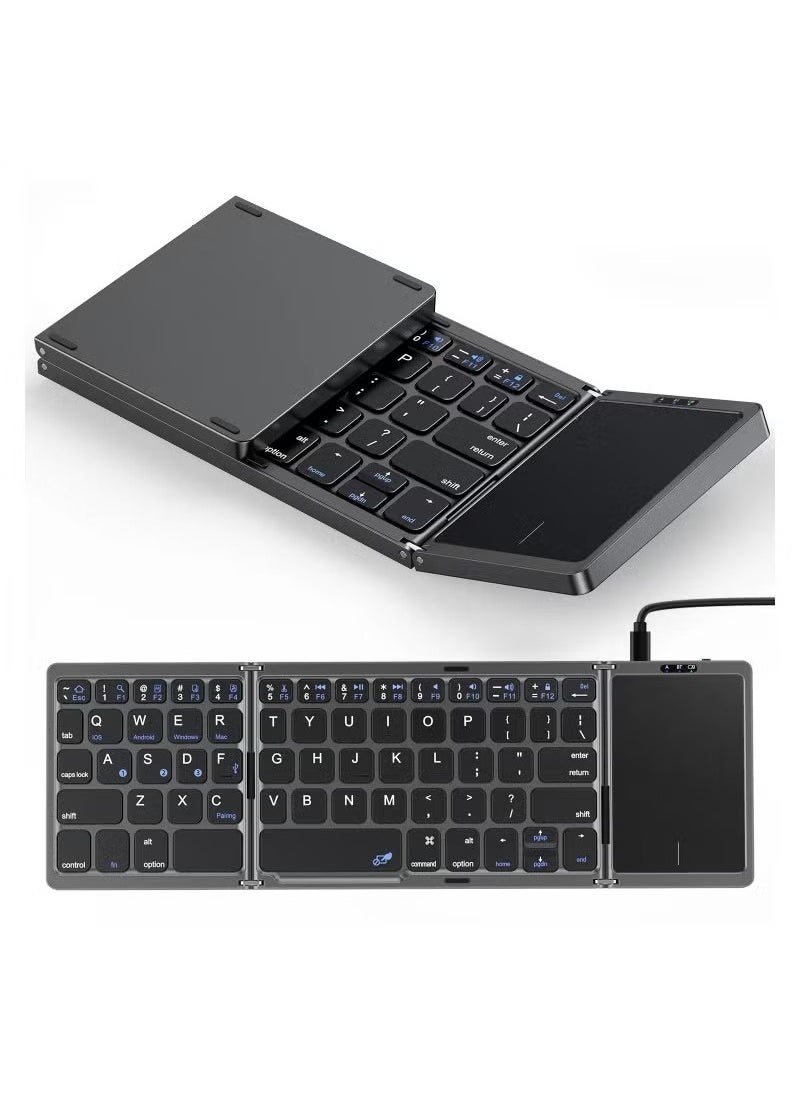 OULIYO - Arabic & English Foldable Bluetooth Keyboard with Touchpad Rechargeable Wireless Portable Keyboard Dual-Mode Bluetooth/USB Wired Pocket-Sized Travel Keyboard for ios Android Windows Mac OS - Image 1