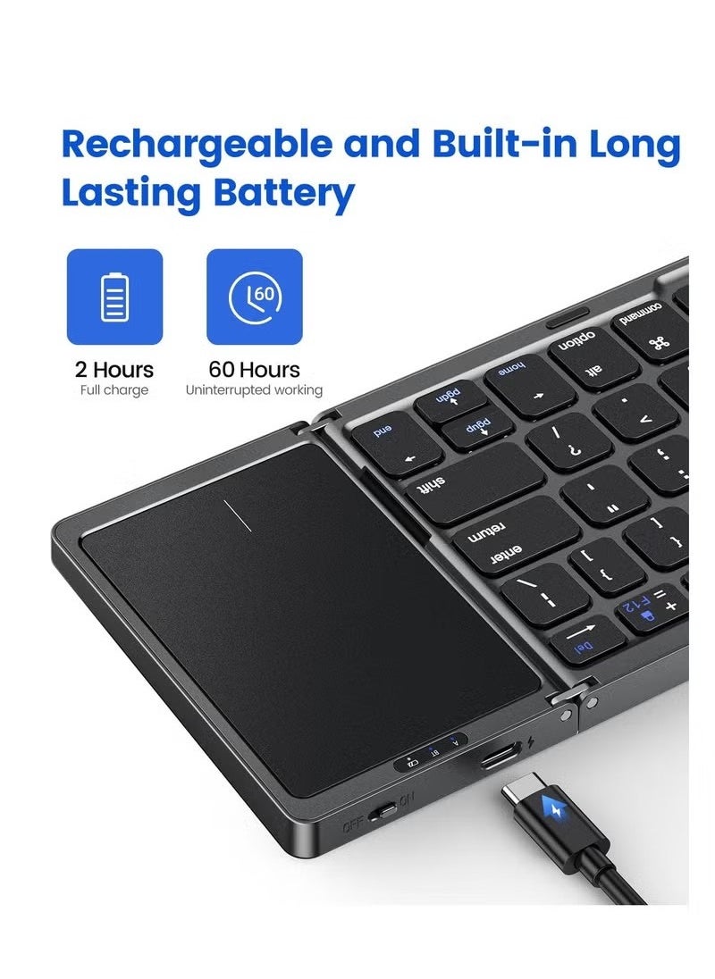 OULIYO - Arabic & English Foldable Bluetooth Keyboard with Touchpad Rechargeable Wireless Portable Keyboard Dual-Mode Bluetooth/USB Wired Pocket-Sized Travel Keyboard for ios Android Windows Mac OS - Image 1