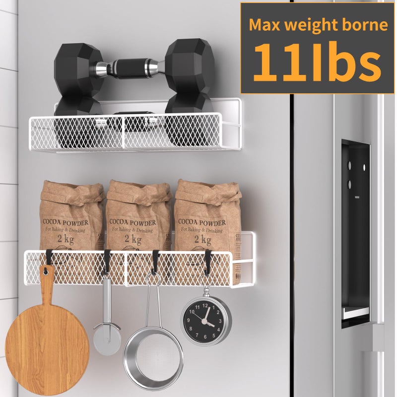 DTUQYX Magnetic Spice Rack for Refrigerator, 2 Pack 100% Metal Strong Magnet Shelf, Space Saving Spice Organizer W/ Hooks, Movable Magnetic Fridge Shelf, Kitchen Home Laundry Room Storage Organization, White - Image 5