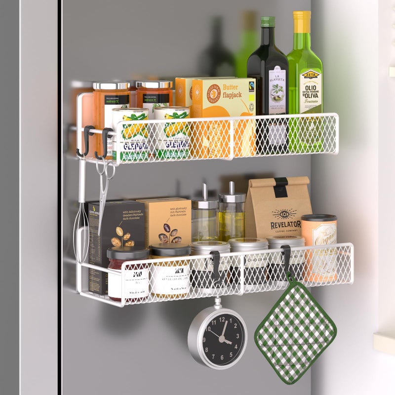DTUQYX Magnetic Spice Rack for Refrigerator, 2 Pack 100% Metal Strong Magnet Shelf, Space Saving Spice Organizer W/ Hooks, Movable Magnetic Fridge Shelf, Kitchen Home Laundry Room Storage Organization, White - Image 1