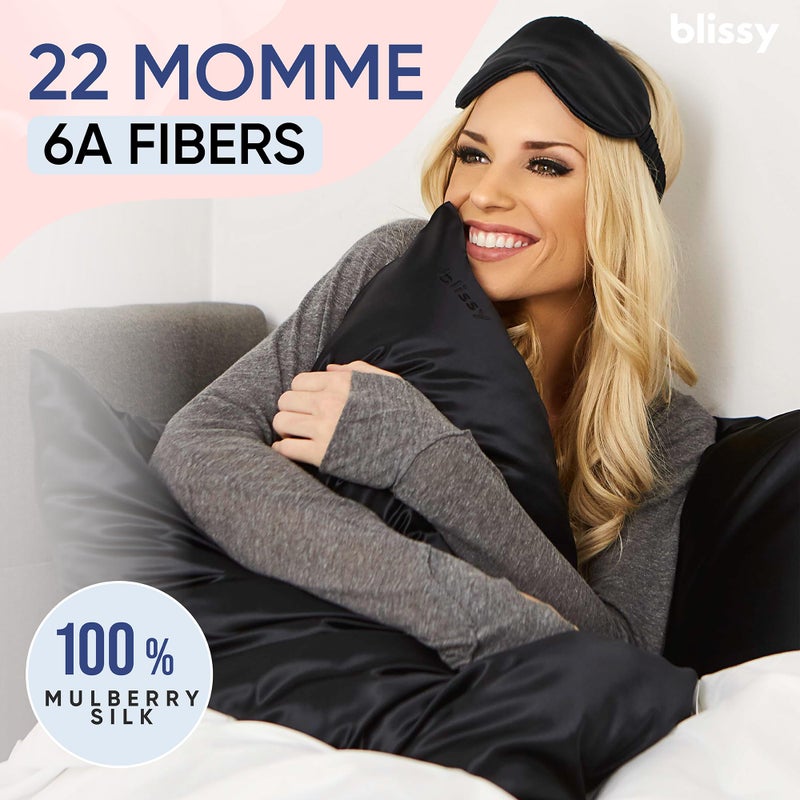 Blissy Silk Pillowcase - 100% Pure Mulberry Silk - 22 Momme 6A High-Grade Fibers - Silk Pillow Cover for Hair & Skin - Regular, Queen & King (Black, Standard) - Image 2