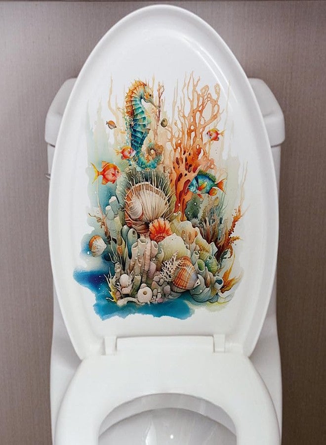 Paleery@FC Shoal of Coral Sea Starfish Toilet Cover Sticker Decals,Ocean Coral Seahorse Waterproof Toilet Lid Tank Seat Decals Cistern Self-Adhesive Bathroom Wall Sticker - Image 1