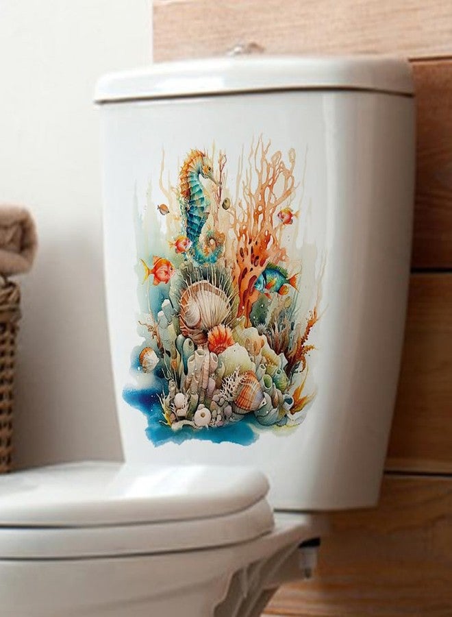 Paleery@FC Shoal of Coral Sea Starfish Toilet Cover Sticker Decals,Ocean Coral Seahorse Waterproof Toilet Lid Tank Seat Decals Cistern Self-Adhesive Bathroom Wall Sticker - Image 2