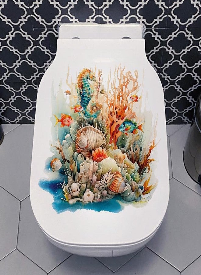 Paleery@FC Shoal of Coral Sea Starfish Toilet Cover Sticker Decals,Ocean Coral Seahorse Waterproof Toilet Lid Tank Seat Decals Cistern Self-Adhesive Bathroom Wall Sticker - Image 3