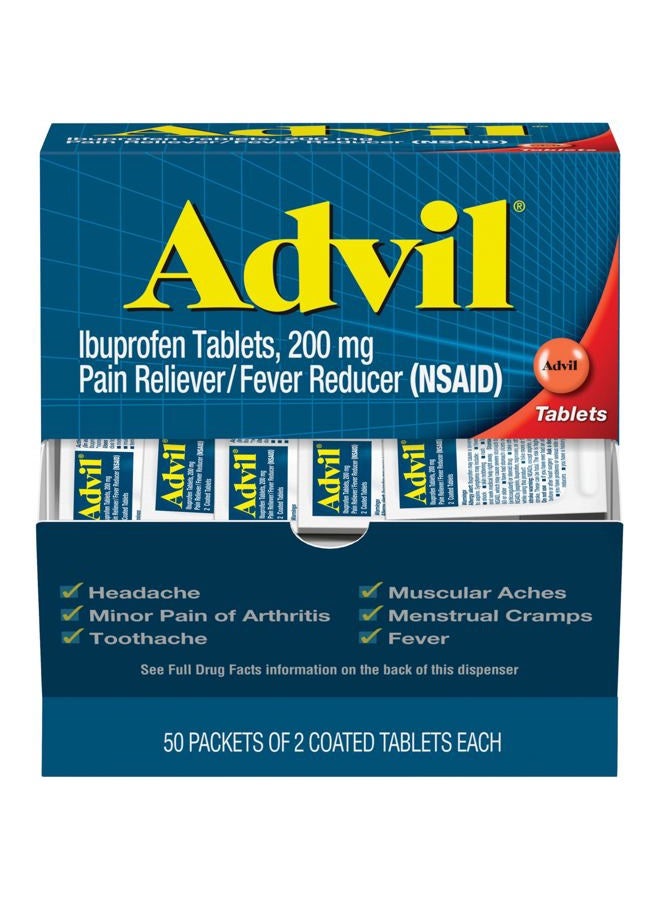 Advil مسكن للألم وخافض للحرارة، دواء يحتوي على إيبوبروفين 200 مجم لعلاج الصداع وآلام الظهر وآلام الدورة الشهرية والمفاصل - 50 قرصًا مغلفًا × 2 - Image 1