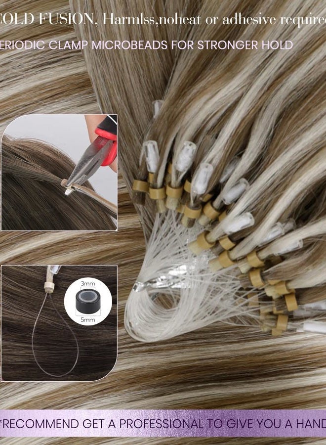 LaaVoo 22" 1g/Strand 50g Micro Ring Loop Real Human Hair Extensions Silky Straight Color Piano Light Brown with White Blonde Cold Fusion - Image 3