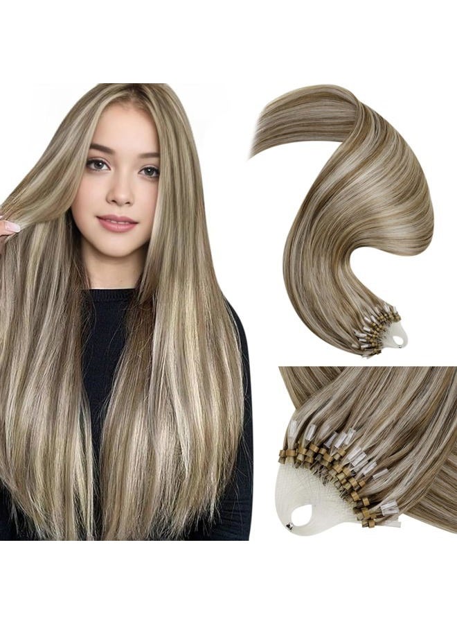 LaaVoo 22" 1g/Strand 50g Micro Ring Loop Real Human Hair Extensions Silky Straight Color Piano Light Brown with White Blonde Cold Fusion - Image 1