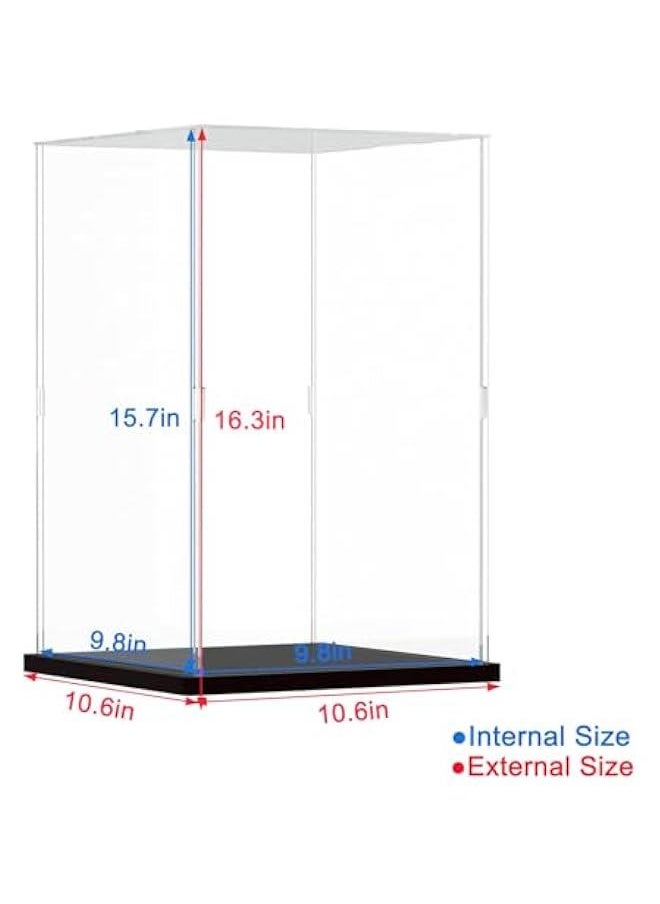 Clear Acrylic Display Case for Labubu Popmart The Monsters Fall in Wild Doll for Space Molly 400% for Lego 43230 21347 75308 31141 Transparent Box for Lego Display with Light, Black 9.8x9.8x15.7 inch