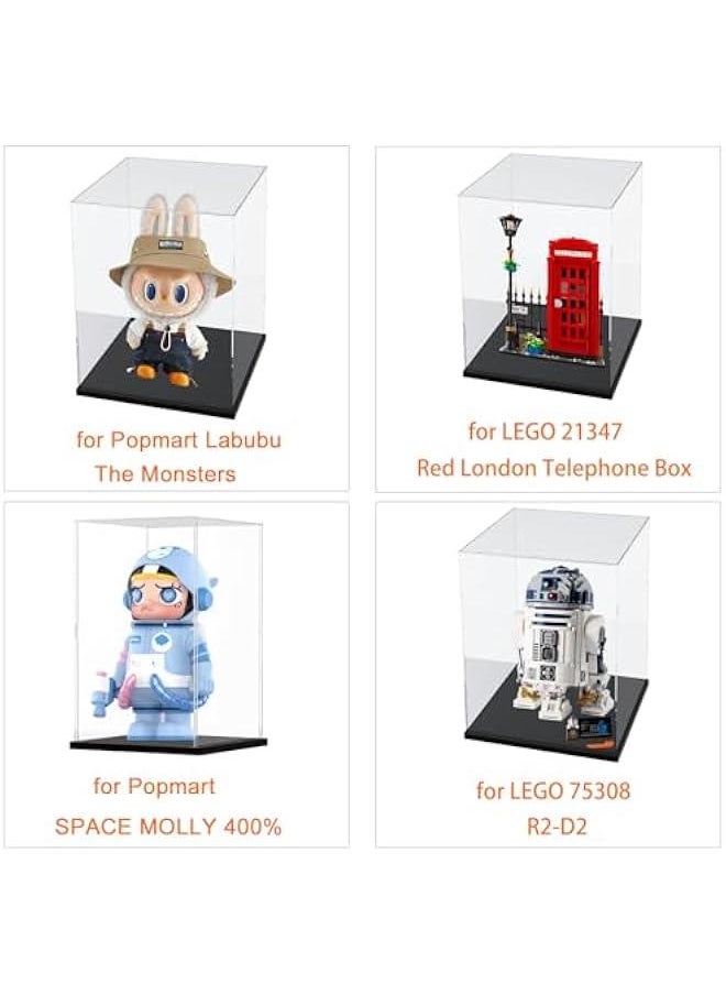 Clear Acrylic Display Case for Labubu Popmart The Monsters Fall in Wild Doll for Space Molly 400% for Lego 43230 21347 75308 31141 Transparent Box for Lego Display with Light, Black 9.8x9.8x15.7 inch