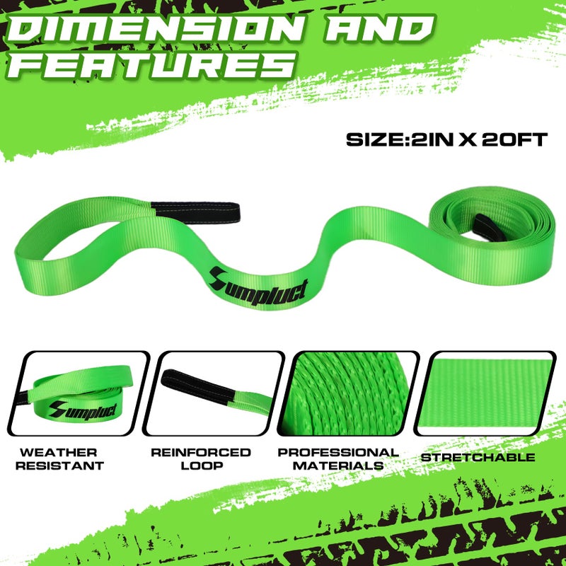 sumpluct Recovery Tow Strap 2in X 20ft Heavy Duty 24,000 lbs Break Strength, Use for Emergency Towing Rope, Tree Saver, Winch Extension, Triple Reinforced Loops, Protective Sleeves,Car Accessories Green - Image 2