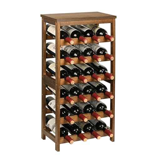 VASMIA Wine Rack Freestanding Floor, 6-Tier Display Wine Storage Shelves with Table Top, 24-Botttle Bamboo Wine Rack Shelf for Kitchen Bar Dining Room Living Room, Walnut - Image 1
