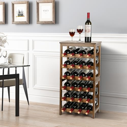 VASMIA Wine Rack Freestanding Floor, 6-Tier Display Wine Storage Shelves with Table Top, 24-Botttle Bamboo Wine Rack Shelf for Kitchen Bar Dining Room Living Room, Walnut - Image 2