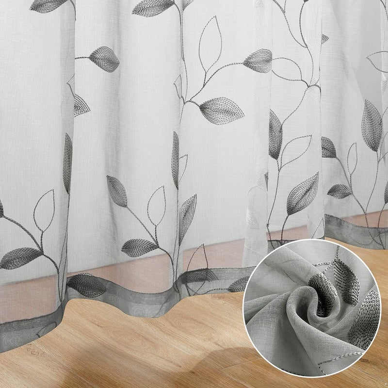 HOMEIDEAS HOMEIDEAS Light Grey/Gray Sheer Curtains 52 X 96 Inches Long 2 Panels Embroidered Leaf Pattern Pocket Faux Linen Floral Semi Sheer Voile Window Curtains/Drapes for Bedroom Living Room - Image 3