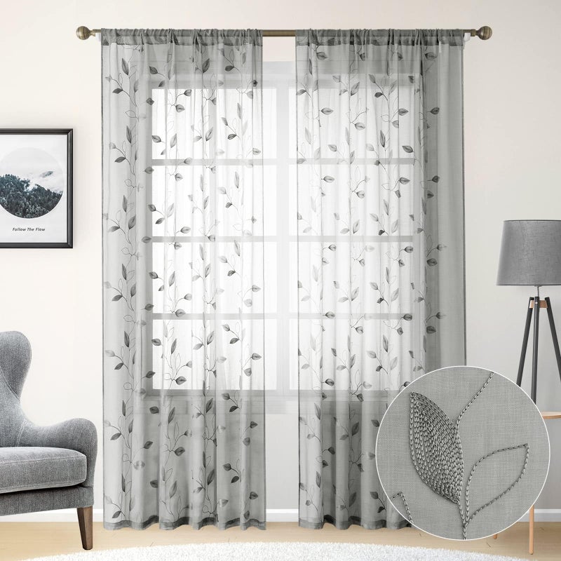 HOMEIDEAS HOMEIDEAS Light Grey/Gray Sheer Curtains 52 X 96 Inches Long 2 Panels Embroidered Leaf Pattern Pocket Faux Linen Floral Semi Sheer Voile Window Curtains/Drapes for Bedroom Living Room - Image 1