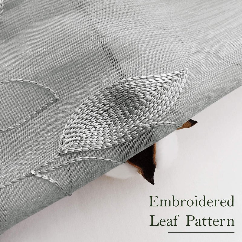HOMEIDEAS HOMEIDEAS Light Grey/Gray Sheer Curtains 52 X 96 Inches Long 2 Panels Embroidered Leaf Pattern Pocket Faux Linen Floral Semi Sheer Voile Window Curtains/Drapes for Bedroom Living Room - Image 2
