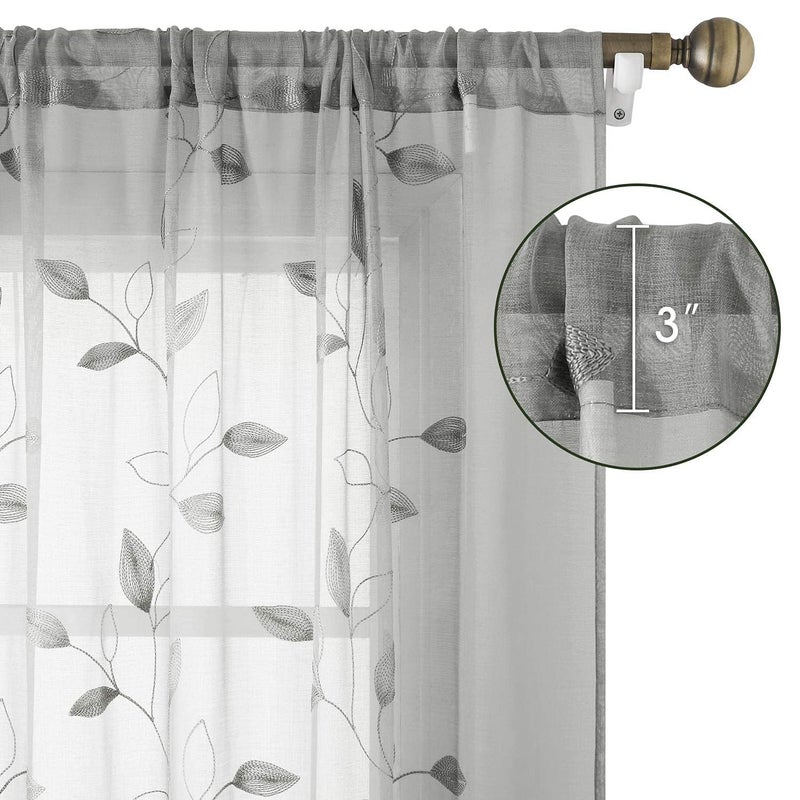 HOMEIDEAS HOMEIDEAS Light Grey/Gray Sheer Curtains 52 X 96 Inches Long 2 Panels Embroidered Leaf Pattern Pocket Faux Linen Floral Semi Sheer Voile Window Curtains/Drapes for Bedroom Living Room - Image 5