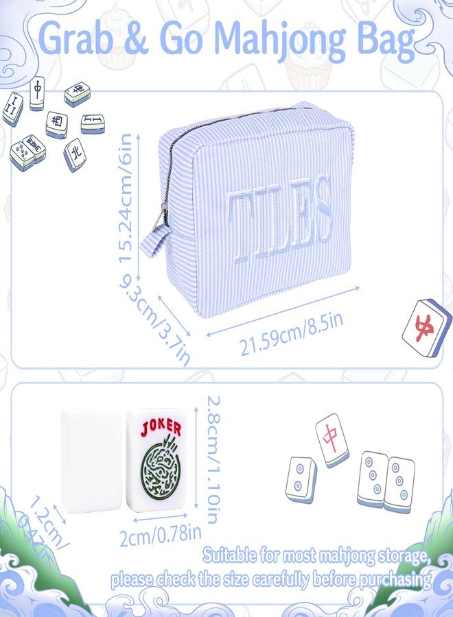 Phinayp Empty Mahjong Tile Bag with Zipper, Thickened Seersucker Stripes Storage Pouch for 166 American Mahjong, 8.5''*6'' Case for Travel Party Game Accessories, Unique Embroidered Tiles (Blue) - Image 4