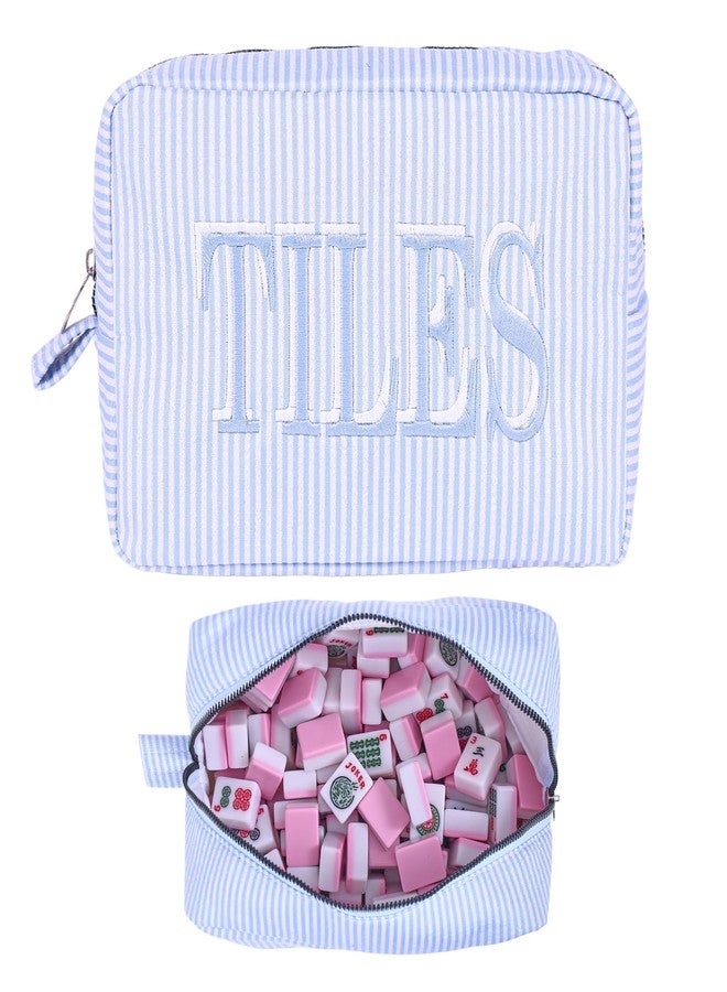 Phinayp Empty Mahjong Tile Bag with Zipper, Thickened Seersucker Stripes Storage Pouch for 166 American Mahjong, 8.5''*6'' Case for Travel Party Game Accessories, Unique Embroidered Tiles (Blue) - Image 1