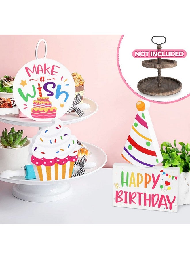 Huray Rayho Birthday Tiered Tray Decor Celebration Wooden Sign Colorful Birthday Party Supplies Make Wish Freestanding Cake Hat Block Bundle Bookshelf Happy Bday Table Decorations Gift for Her - Image 2
