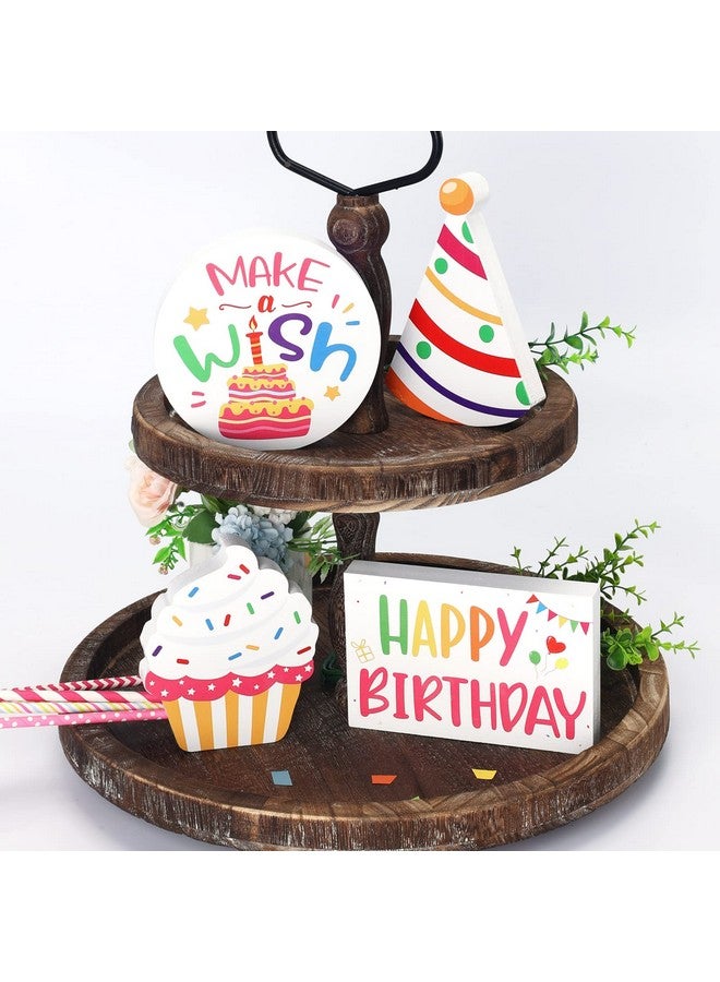 Huray Rayho Birthday Tiered Tray Decor Celebration Wooden Sign Colorful Birthday Party Supplies Make Wish Freestanding Cake Hat Block Bundle Bookshelf Happy Bday Table Decorations Gift for Her - Image 1