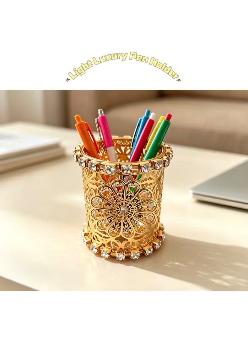 Light luxury cast iron gold plated hollow diamond pen barrel, spoon barrel, desktop holder, multi-function holder - Image 2