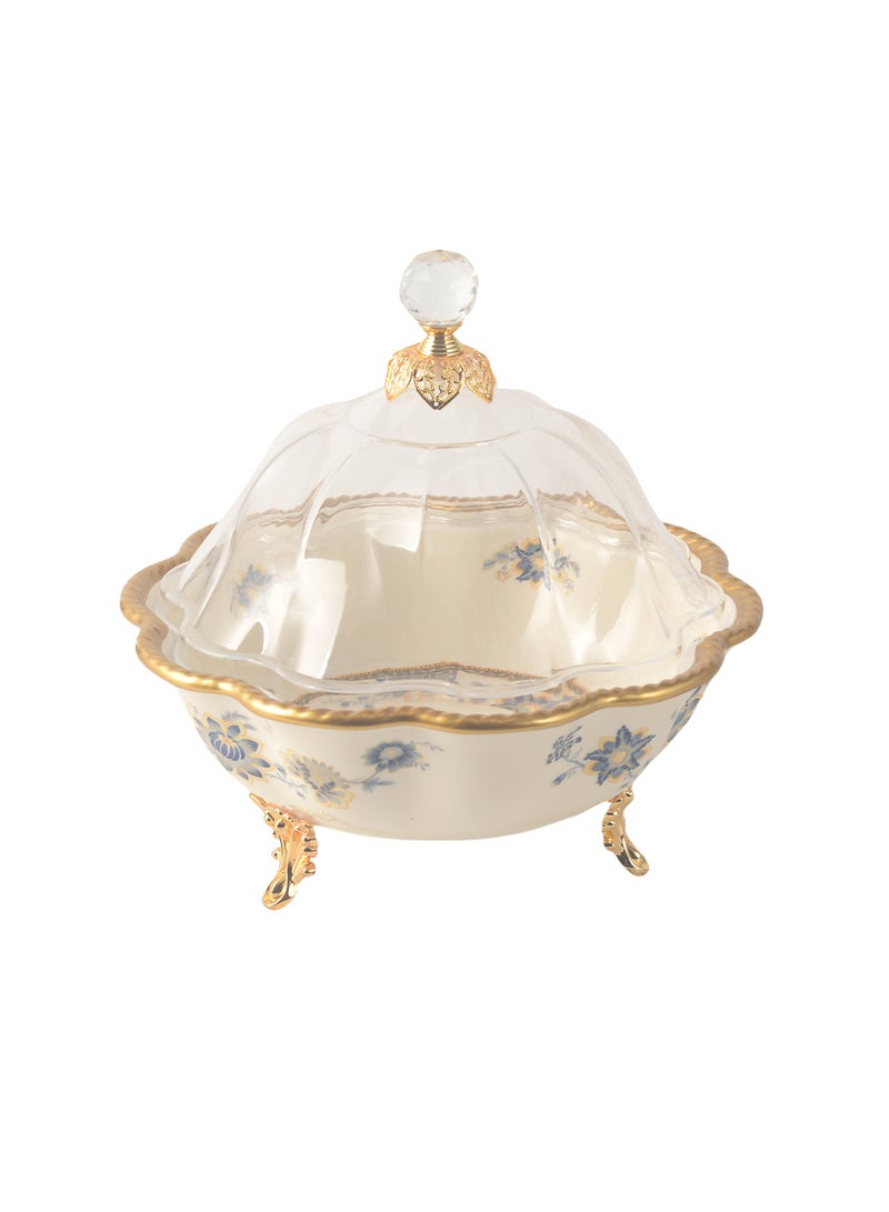 Life Smile Life Smile LIFE SMILE Round Bone China Fruit Bowl With Cover  - Serving Basket with Gold Stand and Acrylic Lid with Knob For Fruit,Snack, Nuts ,Cake & Dessert Storage - Image 1