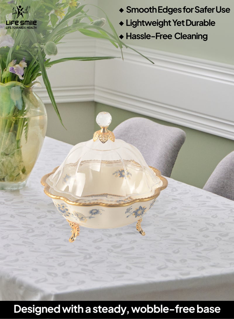 Life Smile Life Smile LIFE SMILE Round Bone China Fruit Bowl With Cover  - Serving Basket with Gold Stand and Acrylic Lid with Knob For Fruit,Snack, Nuts ,Cake & Dessert Storage - Image 5