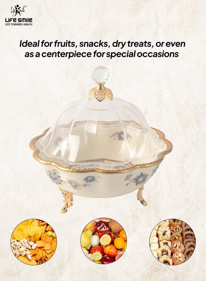 Life Smile Life Smile LIFE SMILE Round Bone China Fruit Bowl With Cover  - Serving Basket with Gold Stand and Acrylic Lid with Knob For Fruit,Snack, Nuts ,Cake & Dessert Storage - Image 3