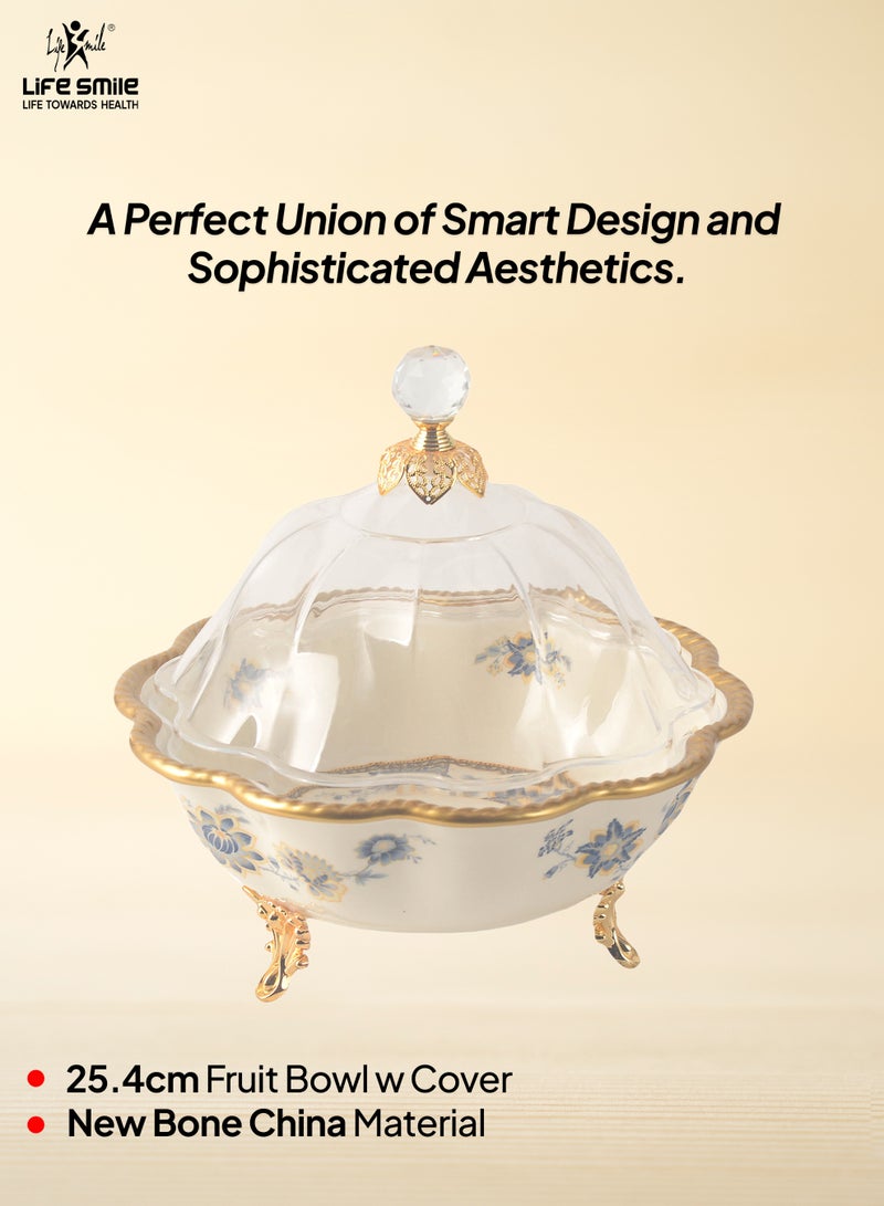 Life Smile Life Smile LIFE SMILE Round Bone China Fruit Bowl With Cover  - Serving Basket with Gold Stand and Acrylic Lid with Knob For Fruit,Snack, Nuts ,Cake & Dessert Storage - Image 2