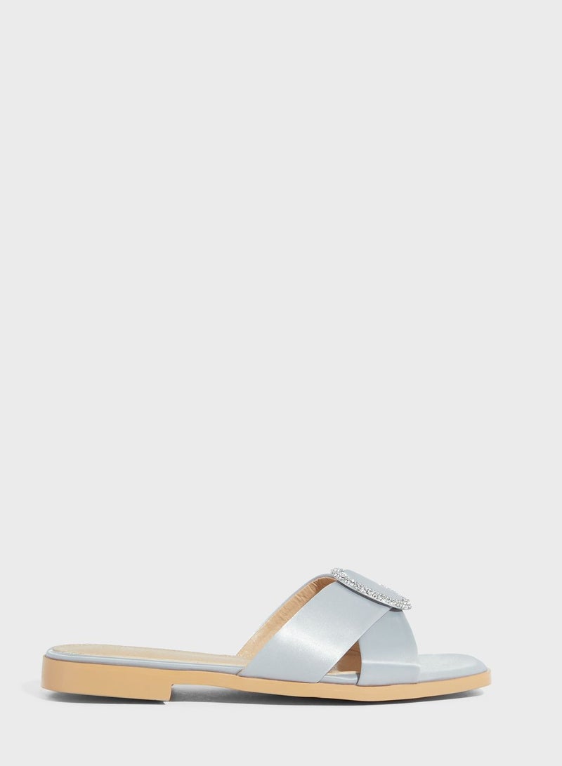 Khizana Encrusted Buckle Satin Flat Sandal - Image 1