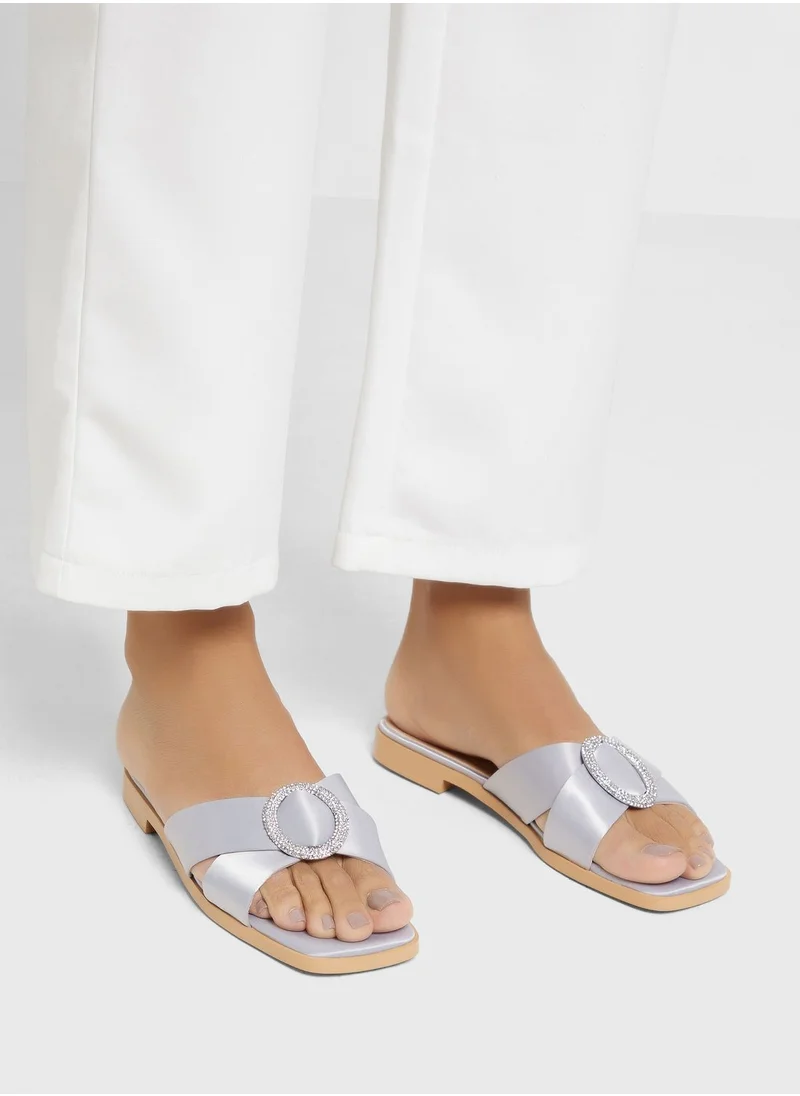 Khizana Encrusted Buckle Satin Flat Sandal