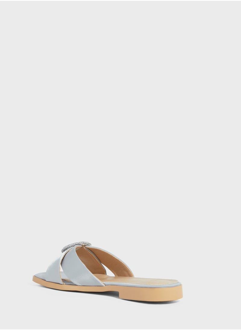 Khizana - Encrusted Buckle Satin Flat Sandal - Image 1