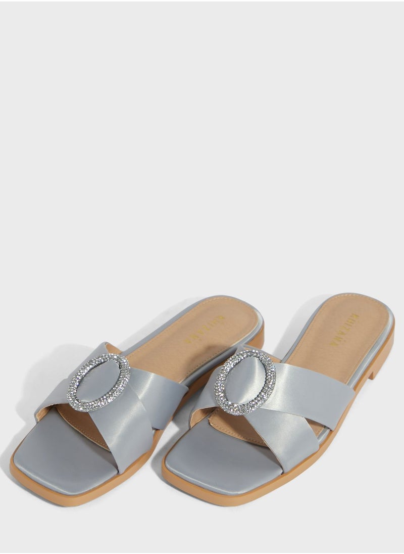 Khizana - Encrusted Buckle Satin Flat Sandal - Image 1