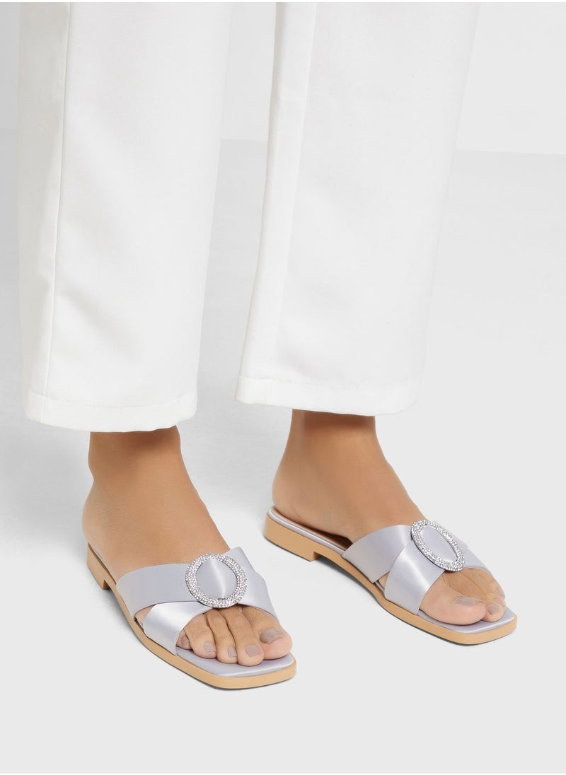 Khizana - Encrusted Buckle Satin Flat Sandal - Image 1