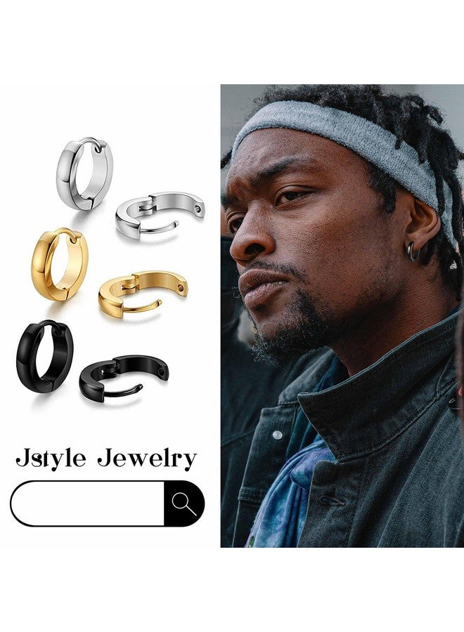 Jstyle Hypoallergenic Small Hoop Earrings for Men Women 316L Surgical Stainless Steel Gold/Black/Silver Hoop Earrings for Sensitive Ears Mens Hoop Huggie Earrings Ear Piercing Jewelry Set 12mm - Image 3