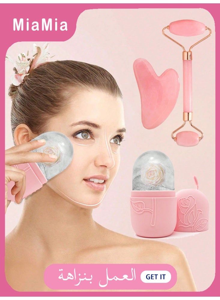 Miamia 3 Pcs of Ice Facial Massage Tools Cooling Skincare Tools Facial Massage Devices Including a Silicone Ice Face Roller Pink Rose Quartz Roller and Comes with Massage Sticks and Gua Sha Bars Designed to Help Reduce Facial Eye Neck and Facial Puffiness Perfect for Summer Ice Face Massage Suitable for Office School and Travel Color Pink - Image 1